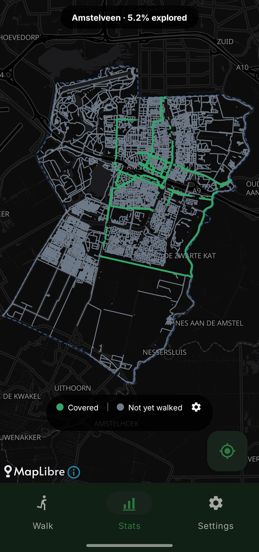 Coverage map of Amstelveen in dark mode, 5.2% explored