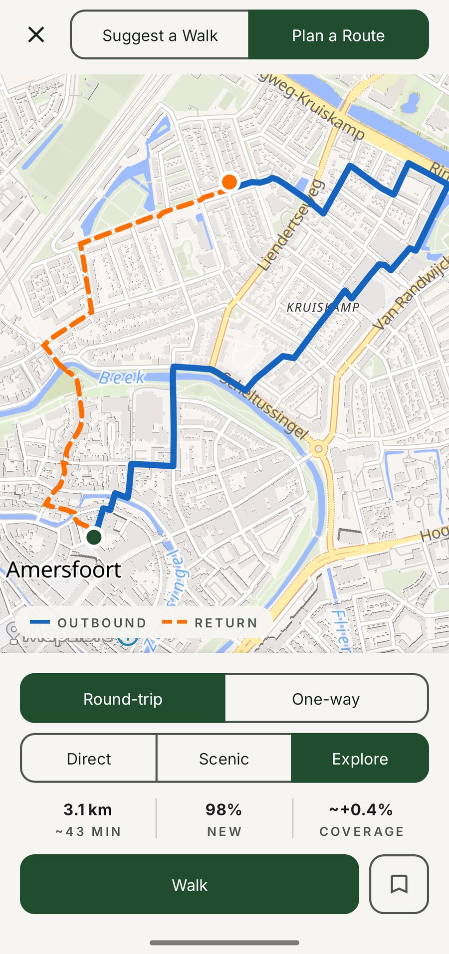 Plan a Route in Amersfoort: round-trip, Explore mode, 98% new streets