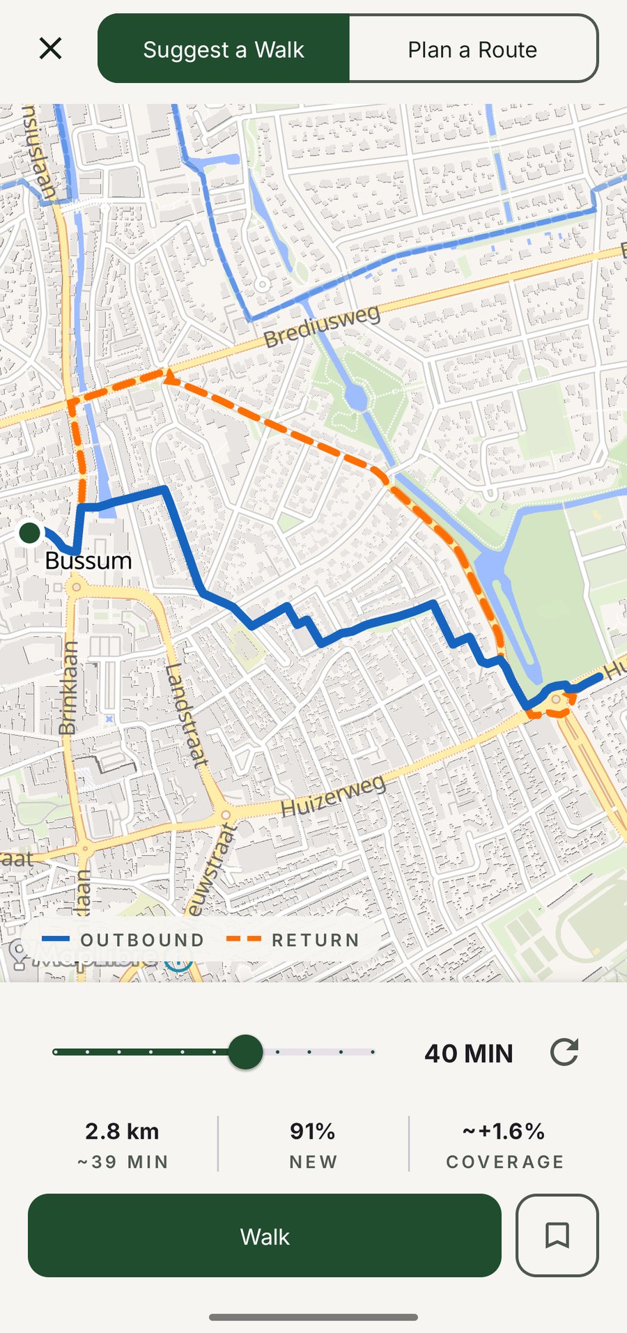 Suggest a Walk: a 40 minute loop in Bussum, 91% new streets
