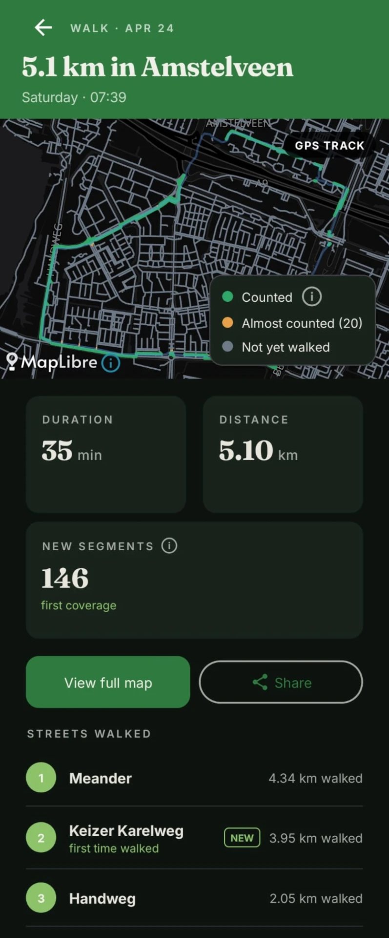 Walk detail: 5.1 km in Amstelveen, 146 new segments, streets walked
